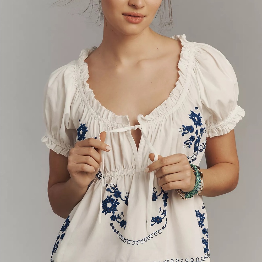 Anthropologie Cream Blouse with Blue Embroidery